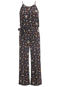 Combinaison noire sans manches avec petite impression florale multicolore, bretelles spaghetti réglables et ceinture à nouer à la taille.