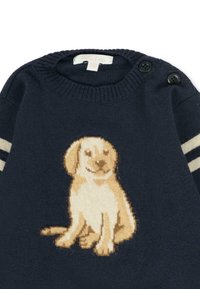 Granatowy sweter z dzianiny z kremowo-żółtym wzorem psa na przodzie, z dwoma czarnymi guzikami na ramieniu i paskowanymi akcentami na rękawach.