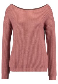 Pull rose tricoté à manches longues avec un large col rond et des poignets et un ourlet côtelés.