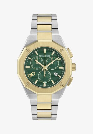 Ferragamo octagonal watch with a green textured dial, gold accents, subdials, and a stainless steel bracelet featuring gold links.