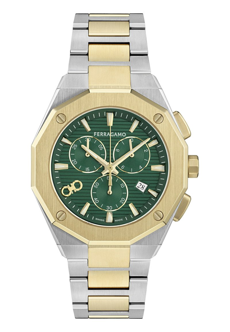 Reloj octagonal de Ferragamo con un dial texturizado verde, acentos dorados, subdiales y una pulsera de acero inoxidable con eslabones dorados.