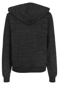 Hoodie v černé melírované látce s texturovaným vzhledem. Obsahuje přední klokánek a ribbed manžety a lem.