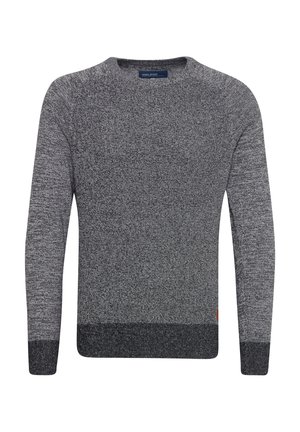 Gray knitted sweater with a crew neck. Features a textured pattern, ribbed cuffs, and a solid dark gray hem. Tag visible on the neckline.