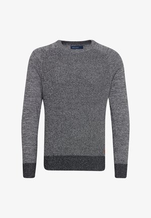 Gray knitted sweater with a crew neck. Features a textured pattern, ribbed cuffs, and a solid dark gray hem. Tag visible on the neckline.