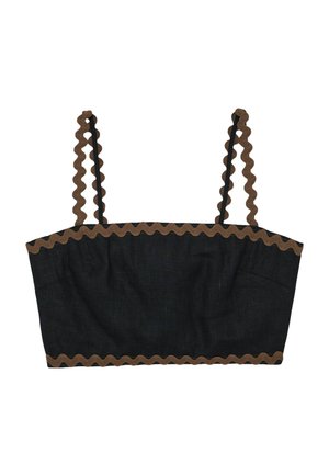 Must must crop-top, millel on pruunid lainelised äärised rihmade, kaeluse ja alumise serva ümber ning õhukesed kahekordsed õlapaelad.