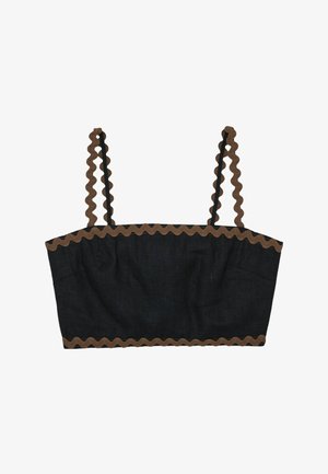 Fekete crop top barna hullámos szegéllyel a pántokon, a nyakkivágásnál és az alján, vékony, dupla vállpántokkal.