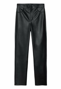 Zwarte leren broek met een rechte pasvorm, voorzien van een knoopsluiting aan de voorkant, riemlussen en schuine zijzakken. Glad oppervlakte textuur.