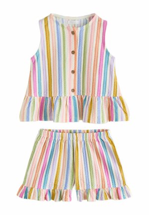 Sleeveless top and shorts set with vertical pastel rainbow stripes, wooden buttons on top, and ruffled hems on both pieces.