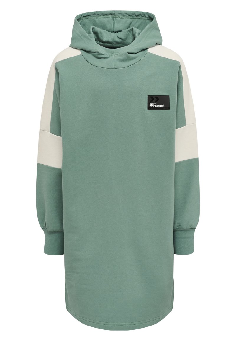 Hooded sweatshirt dress in muted green with cream color-blocked sleeves. Features a front logo patch and soft, textured fabric.
