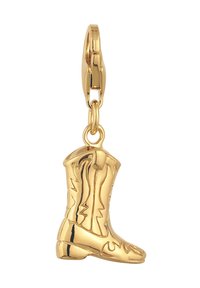 Pendentif doré en forme de botte de cowboy, avec des lignes verticales et des détails de couture décorative. Surface lisse et brillante.