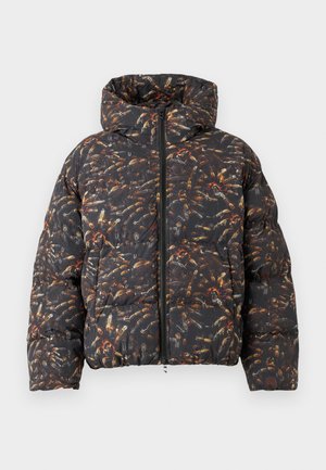Puffer jacket with a hood, black fabric featuring an intricate pattern of colorful insects, zip closure, and textured quilting.