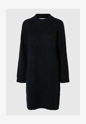 Temno modra oversized obleka iz pletenega materiala, ki ima okroglo ovratnico in dolge rokave, ter stranske razporke na robu.