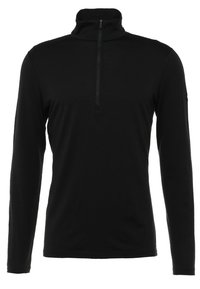 Fekete, hosszú ujjú póló, magas gallérral és félig cipzárral. Simára szőtt, textúrált anyagból készült. Egyszerű dizájn, minták vagy díszítések nélkül.