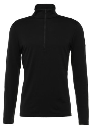 Czarna polo z długim rękawem, z wysokim kołnierzem i pół-zamkiem z przodu. Wykonana z gładkiego, teksturowanego materiału. Prosty fason bez wzorów i akcentów.