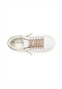White sneaker featuring metal eyelets, metallic beige laces, a textured tongue, and a smooth finish. Branding visible on the insole.
