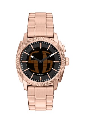 Orologio in metallo rosa dorato con ghiera texturizzata, quadrante nero e accenti marroni. Presenta indicatori delle ore, tre quadranti secondari e cinturino a bracciale.