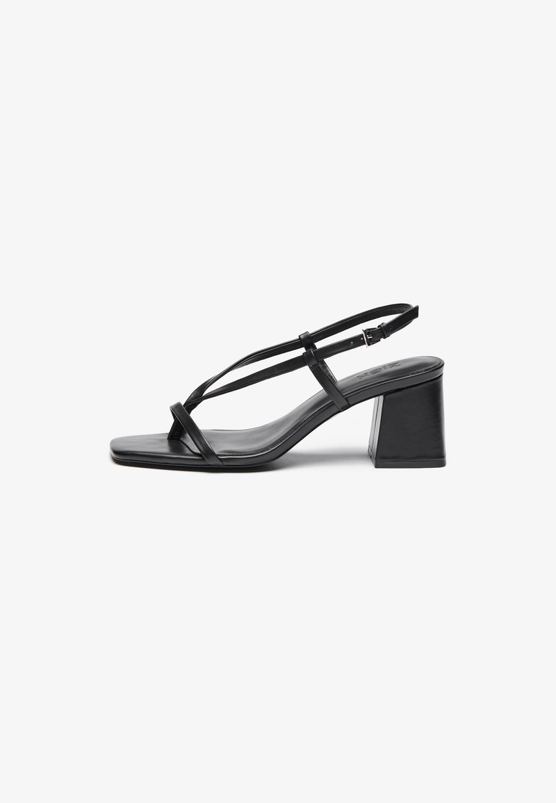 Black leather heeled sandals featuring a square toe, thin straps, and a block heel. Smooth texture with minimal accents, designed for easy wear.