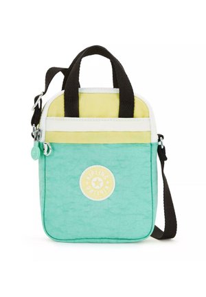 Borsa in nylon verde menta e gialla con un accento bianco, doppi manici, tracolla regolabile e un logo circolare prominente sul davanti.