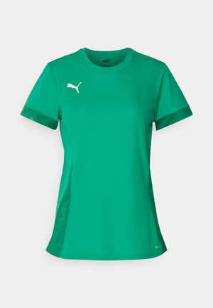 T-shirt atletico verde realizzato in tessuto leggero, con scollo rotondo, maniche corte e un logo bianco sul lato sinistro del petto.