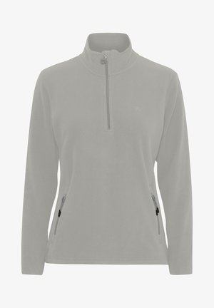 Sudadera de forro polar gris claro con cuello alto, cierre de medio cremallera, bolsillos laterales con cremallera y textura suave. Logo sencillo en el pecho.