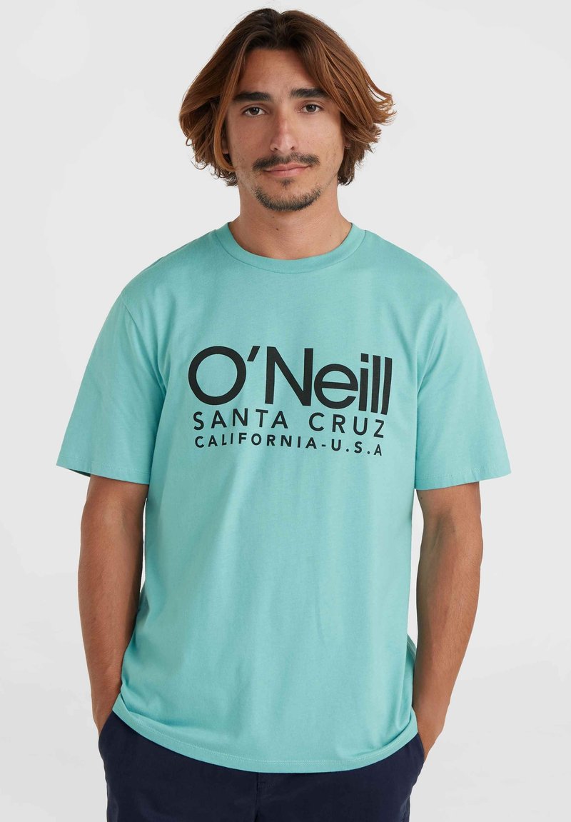 Tyrkysové bavlněné tričko s černým potiskem, na kterém je nápis "O'Neill SANTA CRUZ CALIFORNIA-U.S.A." Krátké rukávy, kruhový výstřih.