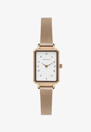 Rosaguld rektangulært ur med mesh-rem. Hvid urskive med metalliske accenter og krystalmarkeringer ved hver time. Elegant og moderne design.