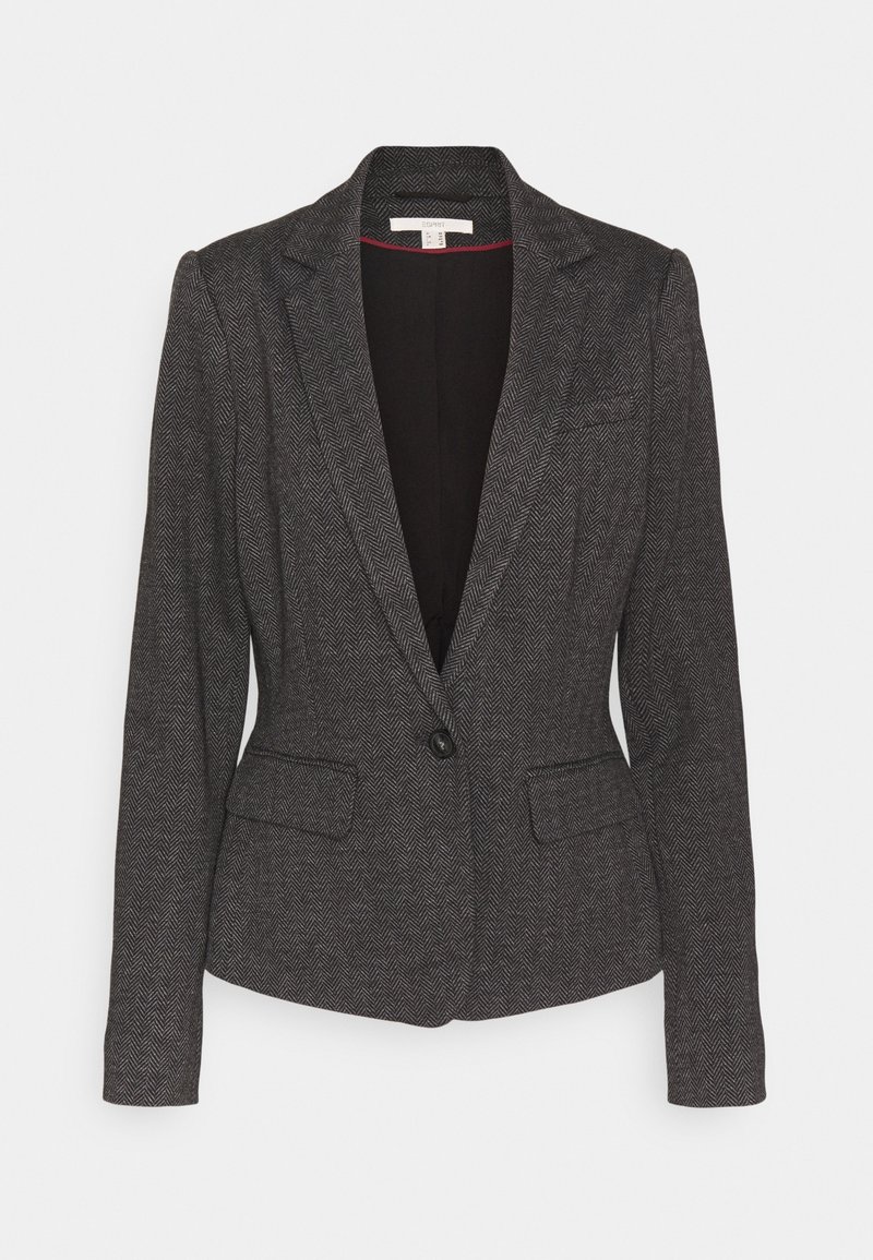 Blazer femme gris foncé avec motif en chevron, un bouton noir unique, deux poches avant à rabat et revers crantés.