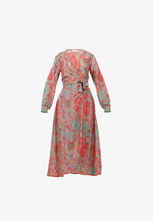 Abito avvolgente fluente in stampa floreale rossa e turchese, maniche lunghe con polsini arricciati e dettaglio in vita legato. Tessuto leggero con soffice consistenza.