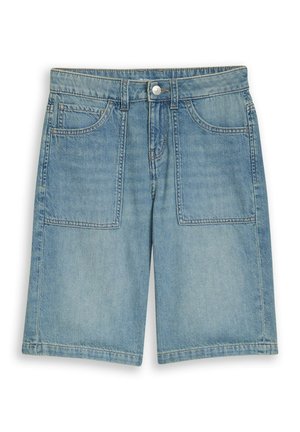 Lichtblauwe denimshorts met voorzakken, knoopsluiting, riemlussen en een casual rechte snit.