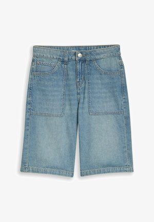 Lichtblauwe denimshorts met voorzakken, knoopsluiting, riemlussen en een casual rechte snit.