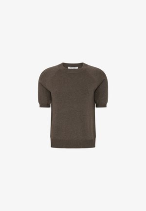 Kurzarm-Pullover aus dunkelbraunem Strick, mit Rundhalsausschnitt und geripptem Saum. Glatte Textur mit lockerer Passform.