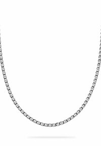 Collana in metallo argento con maglie intrecciate, texture liscia e un design semplice e uniforme. La lunghezza consente un comfort durante l'indossamento.