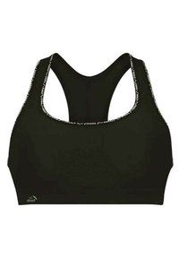 Reggiseno sportivo nero con design a schiena incrociata, caratterizzato da un tessuto testurizzato e dettagli in bianco del marchio lungo le bretelle.