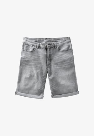 Graue Jeansshorts mit aufgerollten Säumen, vorderer Knopfleiste, Reißverschluss und fünf Taschen, flach auf weißem Hintergrund gezeigt.