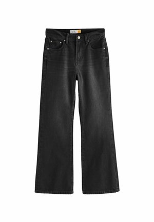 Jeans neri a gamba larga con una vita alta, realizzati in denim. Presentano cinque passanti per la cintura, due tasche anteriori e due tasche posteriori.