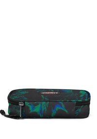 Astuccio nero con motivi astratti verdi e blu, chiusura con zip e una piccola etichetta del marchio. Presenta un esterno in tessuto texture.