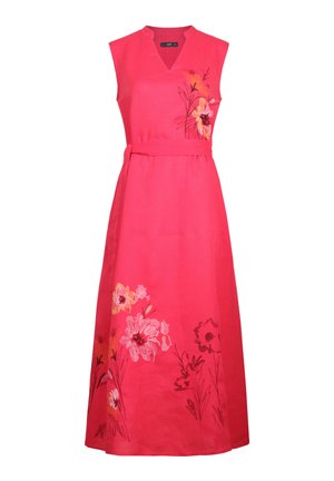 Ärmelloses, leuchtend pinkes langes Kleid mit V-Ausschnitt, abnehmbarem Gürtel und bestickten orangefarbenen, gelben und weißen Blumenmustern auf Brust und Saum.