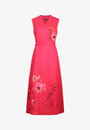 Rankų neapimanti ryškiai rožinė ilga suknelė su V formos iškirpte, nuimamu diržu ir siuvinėtomis oranžinėmis, geltonomis ir baltomis gėlių raštais ant krūtinės ir suknelės apačios.