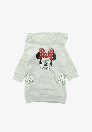 Haut à capuche gris clair en tissu doux. Présente un personnage de dessin animé avec un nœud à pois rouges. Comprend deux poches sur le devant et des manches à bords côtelés.