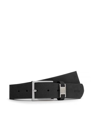 Black leather belt with silver rectangular buckle and branded metal loop, laid flat on white background.