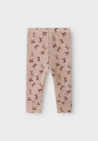 Bomull leggings i myk rosa med et gjentagende brunt sløyfe mønster. Tett passform med elastisk midje og avkuttet ankel.