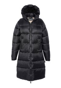 Doudoune noire avec capuche, dotée d'une fermeture éclair, de deux poches avant et d'un design matelassé. Fabriquée en matériau lisse et brillant.