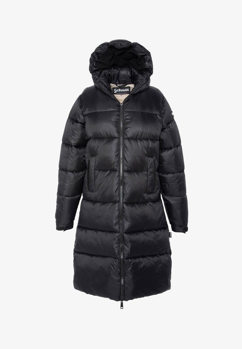 Schwarze Steppjacke mit Kapuze, mit einem Reißverschluss, zwei Fronttaschen und einem genähten Design. Hergestellt aus glattem, glänzendem Material.