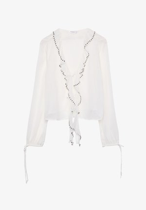 Weiße Bluse mit tiefem V-Ausschnitt, gerüschten Kanten und schwarzen Perlenakzenten. Verfügt über lange, geraffte Ärmel mit Bindebändern an den Bündchen.