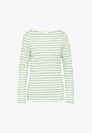 Groen en witte gestreepte longsleeve shirt met een bootnek, gemaakt van zachte stof. De strepen zijn gelijkmatig verdeeld en de pasvorm is ontspannen.