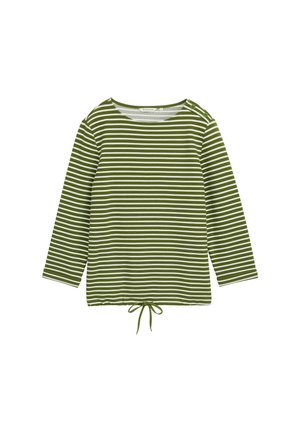 Groen en witte horizontaal gestreepte langetermijnshirt met schouderknopen en een trekkoordsluiting aan de onderkant.