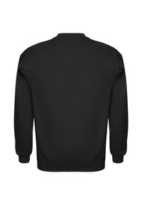 Felpa nera con collo rotondo e maniche lunghe. Texture liscia, polsini e orlo a costine, design semplice, senza loghi o motivi visibili.