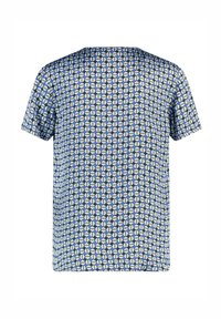 Koszulka z krótkim rękawem w geometryczny wzór w odcieniach niebieskiego, jasnoprawnego i beżowego. Posiada okrągły dekolt oraz lekki materiał.