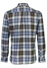 Camisa de cuadros de manga larga para hombre con un patrón en azul, verde y blanco; cuello de botón; tejido texturizado; puños con un botón.