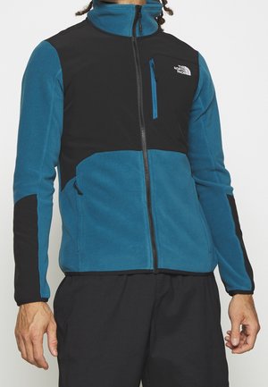Mężczyzna ubrany w niebiesko-czarną polarową kurtkę na zamek z kieszenią na zamek na piersi i logo The North Face na piersi.